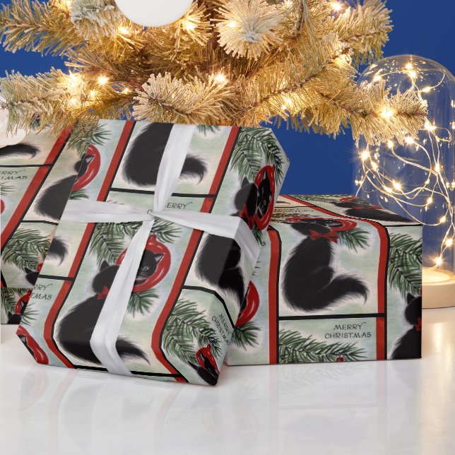 Weihnachten Schwarze Katze Blick auf Ornament Geschenkpapier (Feiertage)