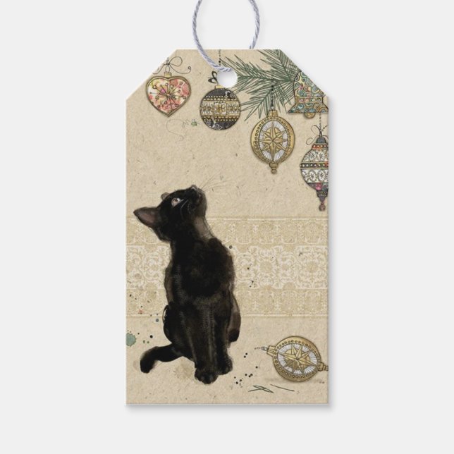 Weihnachten Schwarze Katze Blick auf Ornamente Geschenkanhänger (Vorderseite)