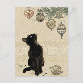 Weihnachten Schwarze Katze Blick auf Ornamente Postkarte