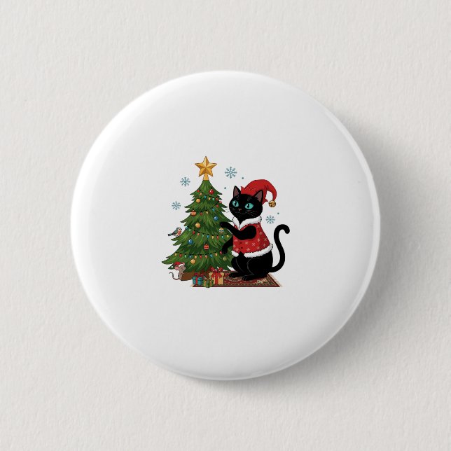Weihnachten schwarze Katze Santa Hut Baum Maus Button (Vorderseite)
