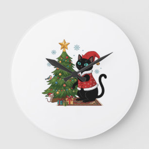 Weihnachten schwarze Katze Santa Hut Baum Maus Große Wanduhr