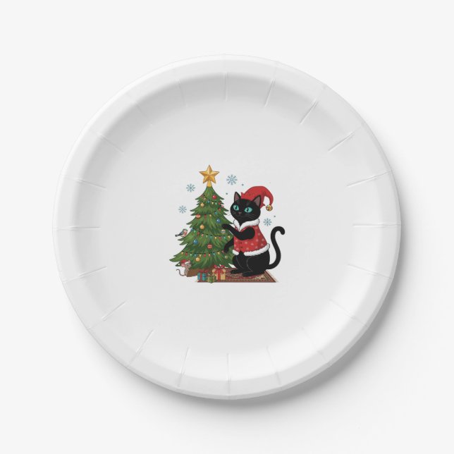 Weihnachten schwarze Katze Santa Hut Baum Maus Pappteller (Vorderseite)