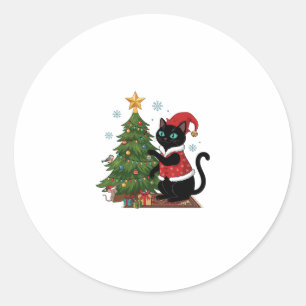 Weihnachten schwarze Katze Santa Hut Baum Maus Runder Aufkleber