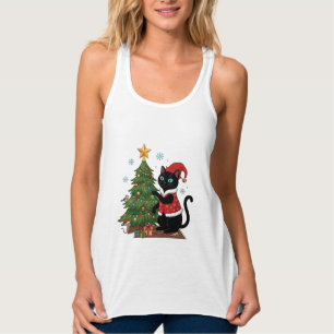 Weihnachten schwarze Katze Santa Hut Baum Maus Tank Top