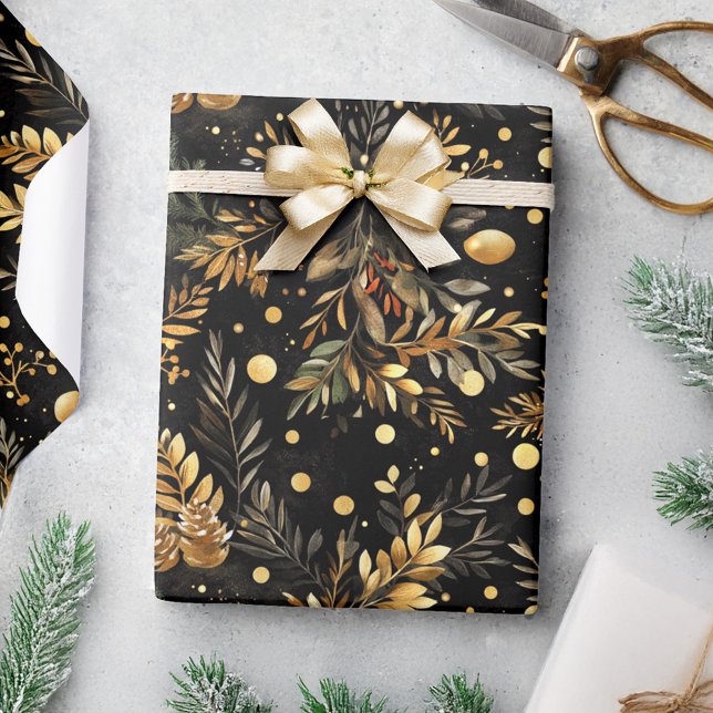 Weihnachten Schwarzes Gold Moody Elegantes festlic Geschenkpapier (Christmas Black Gold Moody Elegant Festive Wrapping Paper)