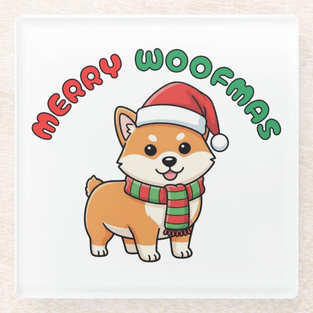Weihnachten Shiba Inu Untersetzer: Fröhliche Woofm Glasuntersetzer (Vorderseite)