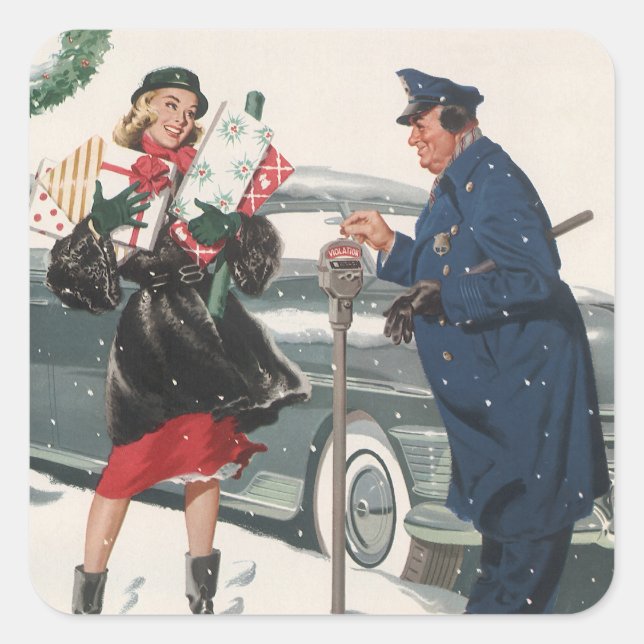 Weihnachten, Shopping präsentiert Polizisten Quadratischer Aufkleber (Vorderseite)