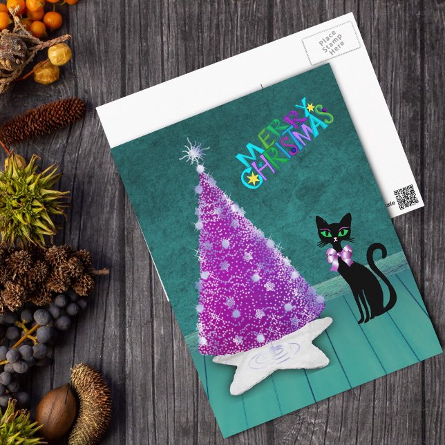 Weihnachten Silver Pink Tree Atomic Black Cat Aqua Postkarte (Sparkle silver pink tree on star rug, black atomic cat in teal room on Merry Christmas postcard.)