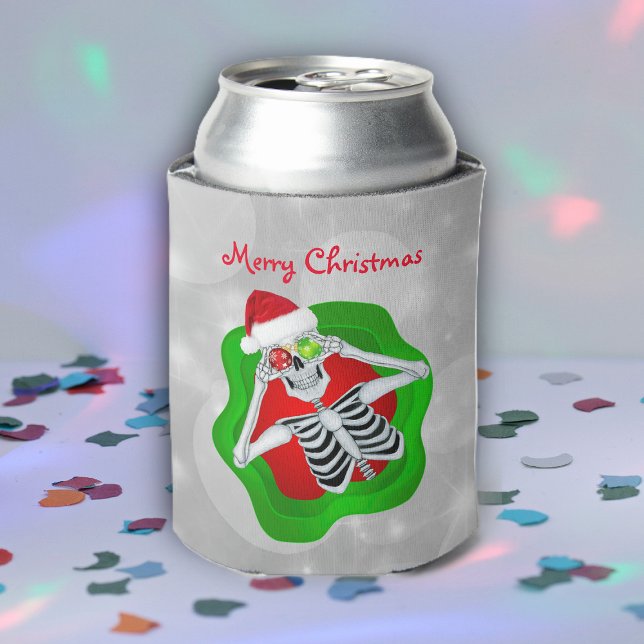 Weihnachten Skelett im Spritzer Ornamente Augen Dosenkühler (Funny Merry Christmas skeleton in splatter with ornament eyes Santa Hat on can cooler.)