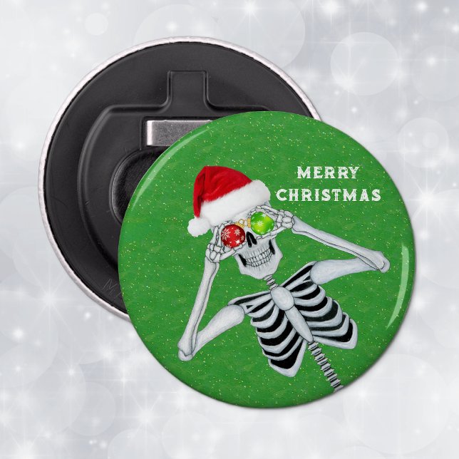 Weihnachten Skeletton Weihnachtsmannmütze Ornament Flaschenöffner (Funny Merry Christmas Skeleton ornament eyeballs Santa Hat on green magnet bottle opener.)