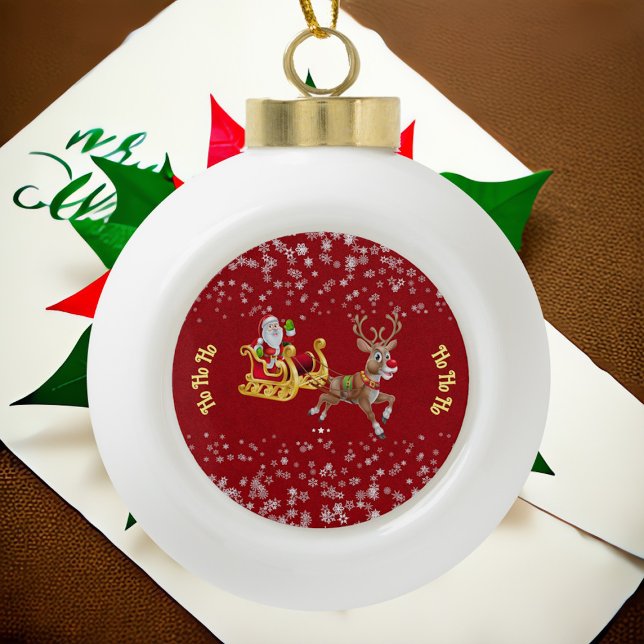 Weihnachten Snowflake Santa Ho Ho Rentier Sleigh Keramik Kugel-Ornament (Christmas Snowflake Santa Ho Ho Ho Reindeer Sleigh Ceramic Ball Christmas Ornament)
