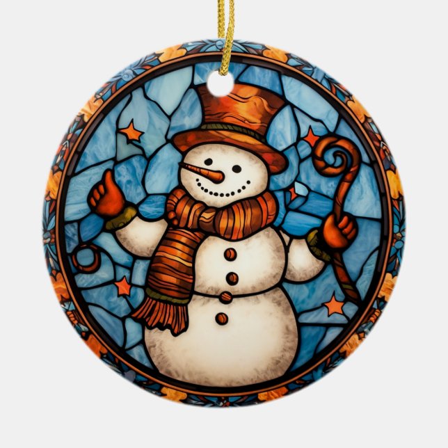 Weihnachten Snowman Buntglas-Stil Keramik Ornament (Vorne)