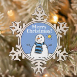 Weihnachten Snowman Design mit frohen Weihnachten Schneeflocken Zinn-Ornament<br><div class="desc">Weihnachten Schneemann Design mit der Nachricht "Frohe Weihnachten". Frosty the snowman Design zeigt einen Schneemann in einer Winterlandschaft.</div>