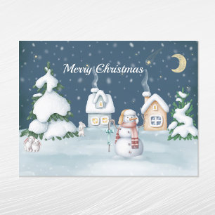 Weihnachten Snowman Houses Rabbit Watercolor
