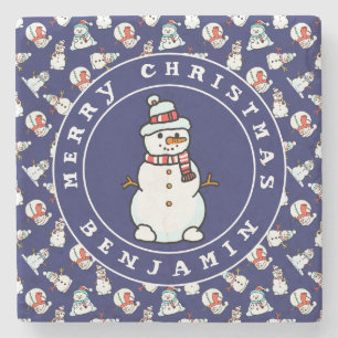 Weihnachten Snowman Pattern Blauer Name Marmor Steinuntersetzer