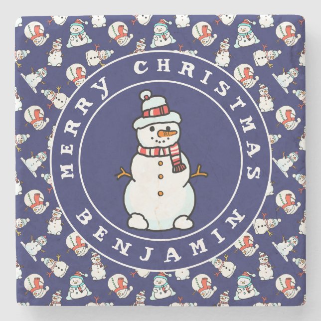 Weihnachten Snowman Pattern Blauer Name Marmor Steinuntersetzer (Vorderseite)
