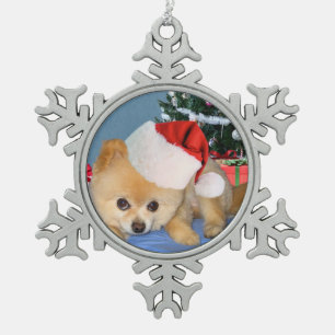 Weihnachten, Spitz-Hund, Weihnachtsmannmütze Schneeflocken Zinn-Ornament