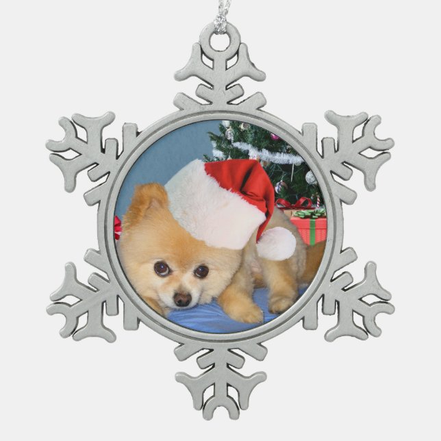Weihnachten, Spitz-Hund, Weihnachtsmannmütze Schneeflocken Zinn-Ornament (Vorderseite)