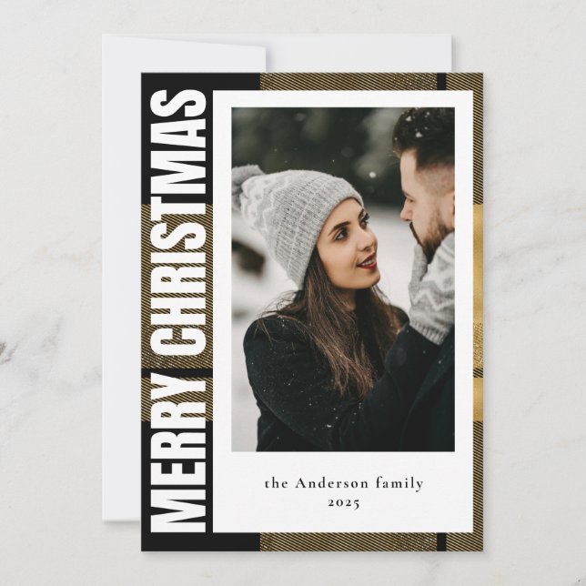 Weihnachten Stilvoll Modernes Black & Gold Tartan  (Vorderseite)