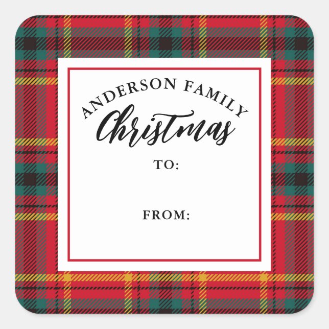 Weihnachten Tartan Kariert Familienname Geschenk Quadratischer Aufkleber (Vorderseite)