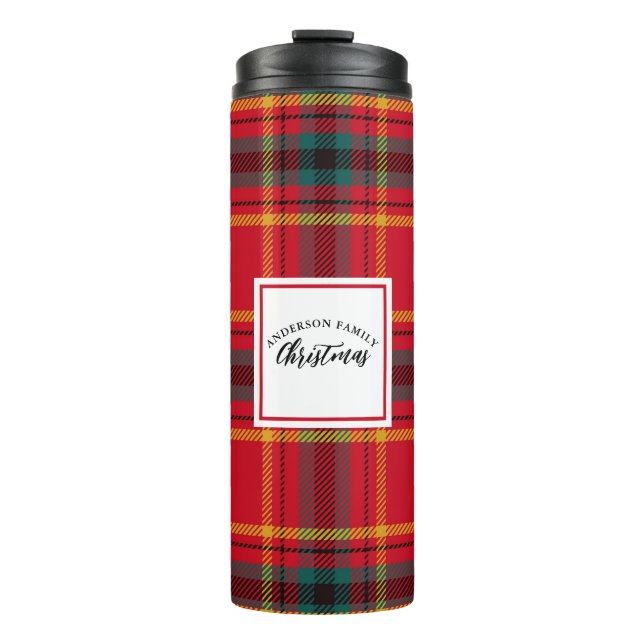 Weihnachten Tartan Kariert Familienname Thermosbecher (Vorderseite)