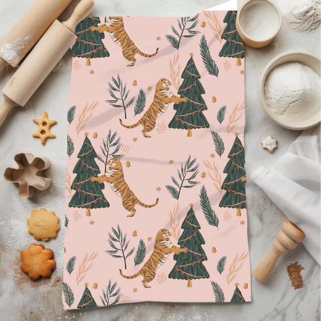 "Weihnachten Tiger mit Weihnachtsbaum Rosa Geschirrtuch (Von Creator hochgeladen)
