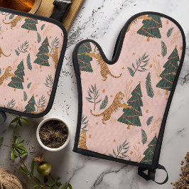 "Weihnachten Tiger mit Weihnachtsbaum Rosa Ofenhandschuh & Topflappen-Set
