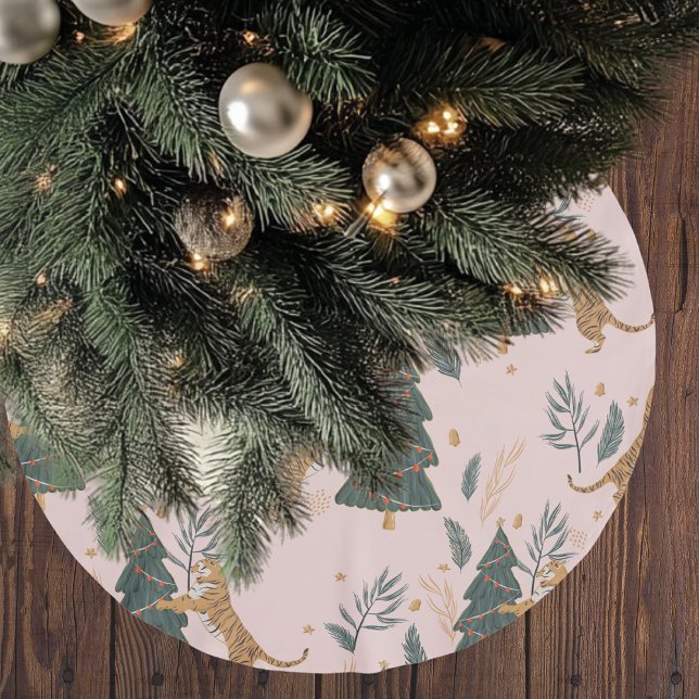 "Weihnachten Tiger mit Weihnachtsbaum Rosa Polyester Weihnachtsbaumdecke (Von Creator hochgeladen)