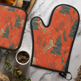 Weihnachten Tiger und Weihnachtsbaum Ofenhandschuh & Topflappen-Set