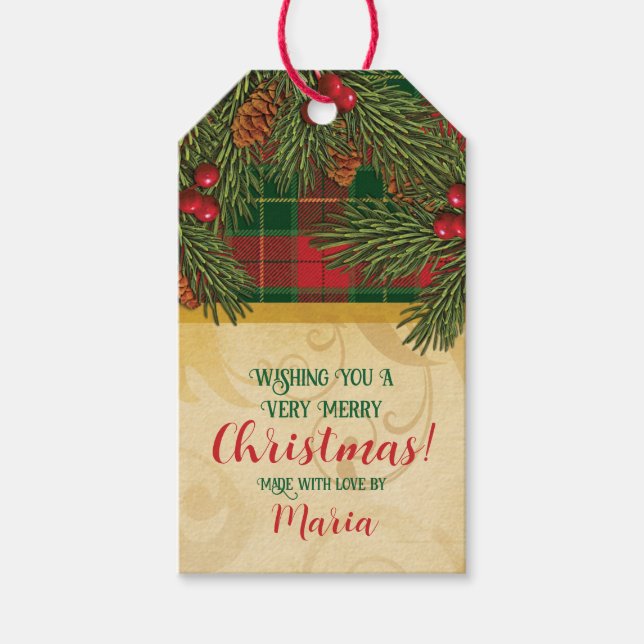 Weihnachten Traditioneller Karierter Tartan-Kranz Geschenkanhänger (Vorderseite)