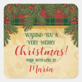 Weihnachten Traditioneller Karierter Tartan-Kranz Quadratischer Aufkleber