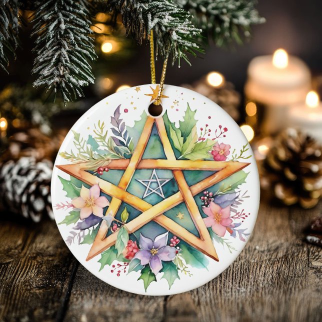 Weihnachten Tree Winter Solstice Blumenstrauß Wicc Keramik Ornament (Yule Tree Winter Solstice Floral Wicca Pentacle Ceramic Ornament)