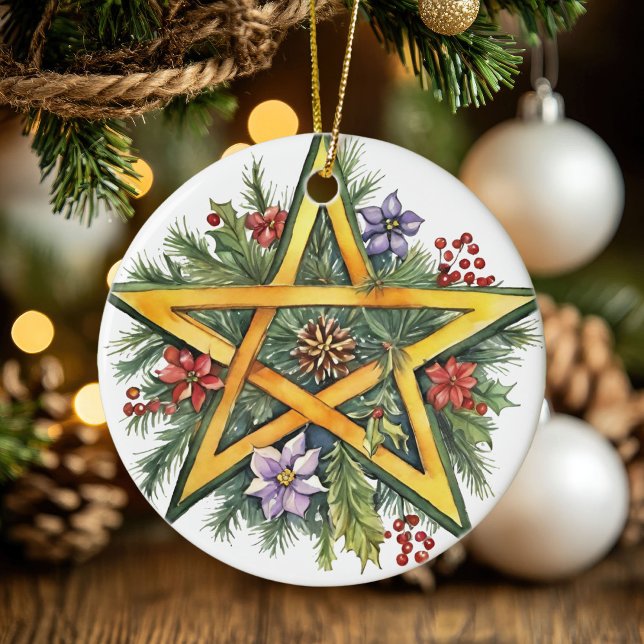 Weihnachten Tree Winter Solstice Landschaft Wicca  Keramik Ornament (Yule Tree Winter Solstice Greenery Wicca Pentacle Ceramic Ornament)
