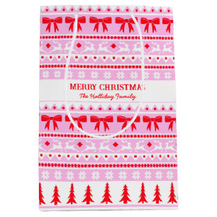 Weihnachten Ugg Sweater Familie Name Rosa & Rot Mittlere Geschenktüte