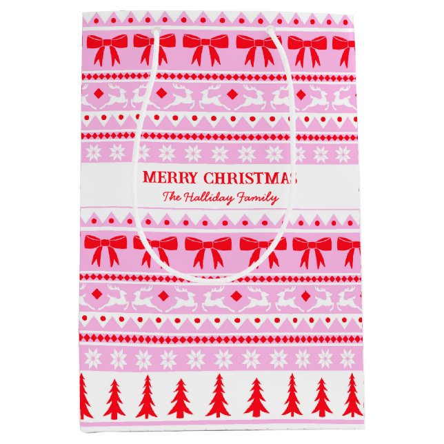 Weihnachten Ugg Sweater Familie Name Rosa & Rot Mittlere Geschenktüte (Vorderseite)