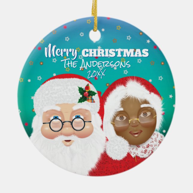 Weihnachten und Frau Claus Biracial Keramik Ornament (Hinten)