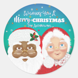 Weihnachten und Frau Claus Biracial Runder Aufkleber