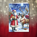 Weihnachten und Rentier am Heiligen Abend<br><div class="desc">Personalisierte Weihnachtskarte mit einer Illustration der Weihnachtsfeier mit Schokoladenkeksen und einem Rentier,  der am Weihnachtsabend Karotten isst.</div>