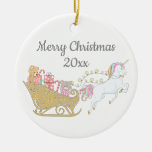 Weihnachten Unicorn Santa's Sleigh White Keramik Ornament