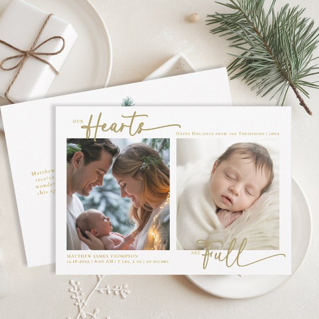Weihnachten Unsere Herzen Gold Familie Baby 2 Foto (christmas family card baby announcement card chic calligraphy simple elegant 2 photos gold)