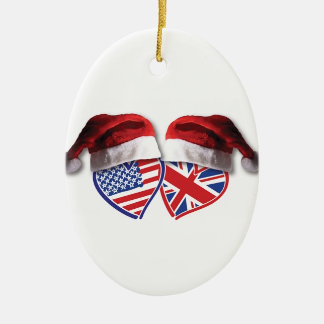 Weihnachten USA und BRITISCHE Flaggen-Herzen mit Keramik Ornament (Vorne)