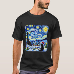 Weihnachten Van Gogh Sternennacht schwarze Katze S T-Shirt