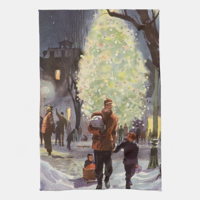 Weihnachten, Vater Shopping mit Kindern Geschirrtuch (Vertikal)