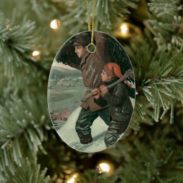 Weihnachten, Vater und Sohn schneiden Bäume ab Keramikornament (Baum)