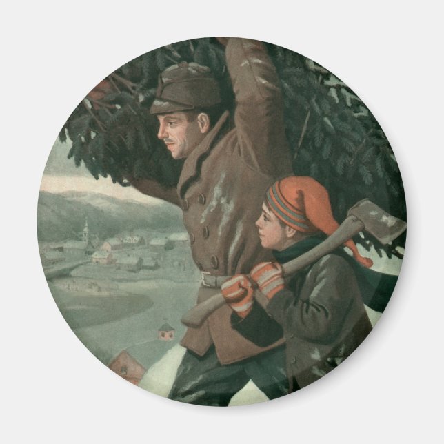 Weihnachten, Vater und Sohn schneiden Bäume ab Magnet (Vorne)