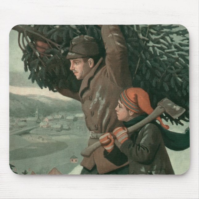 Weihnachten, Vater und Sohn schneiden Bäume ab Mousepad (Vorne)