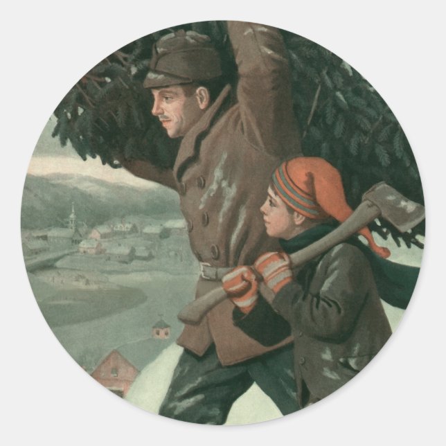 Weihnachten, Vater und Sohn schneiden Bäume ab Runder Aufkleber (Vorderseite)