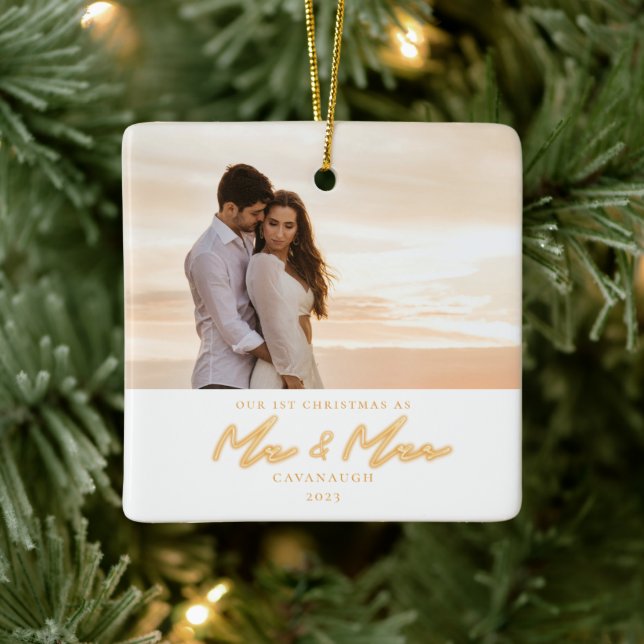 Weihnachten Verheiratet Neon Lettering Foto Kerami Keramikornament (Baum)