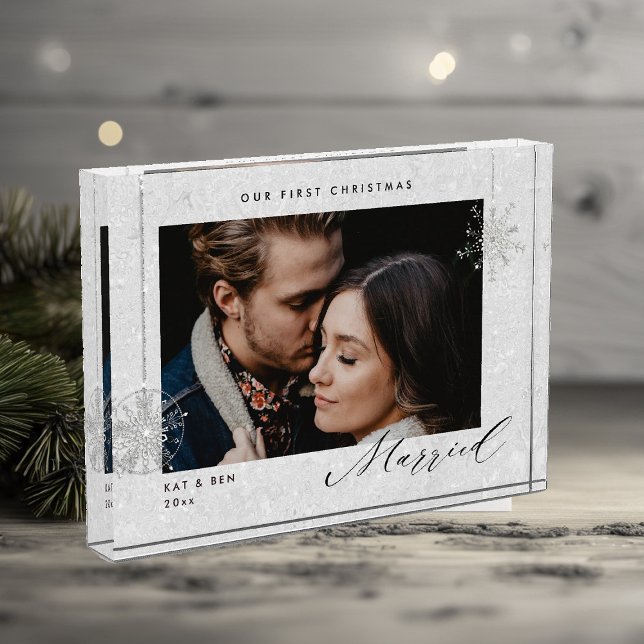 Weihnachten Verheiratete weiße Glitzern Modernes G Fotoblock (christmas gift first married couple white glitter sparkle modern minimalist snowflake winter wonder)