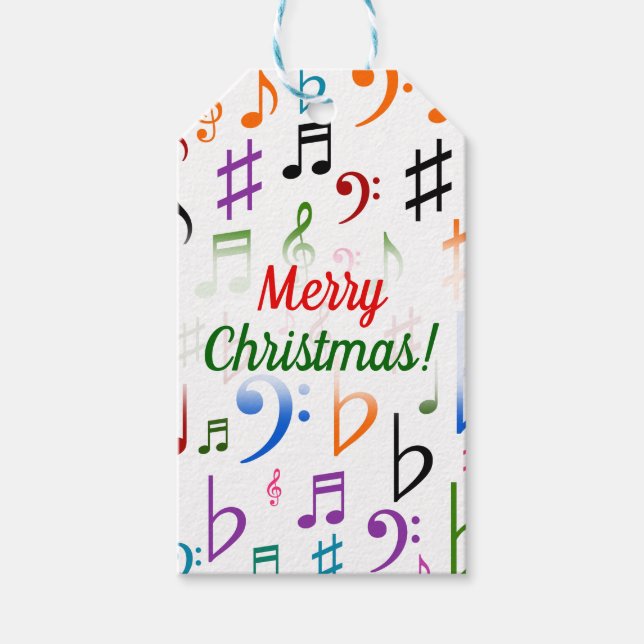 Weihnachten; viele farbenfrohe Musiknoten und Symb Geschenkanhänger (Vorderseite)